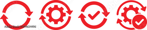 Red of circular arrows and gears on white background