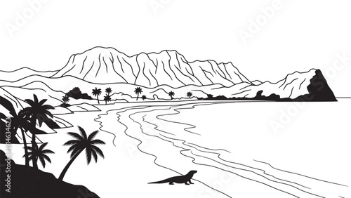 Monochrome coastal landscape featuring palm trees, mountains, and a tranquil shoreline.