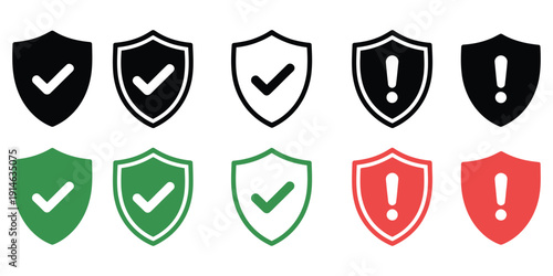 Safety Shield Symbols, shield icons with approval check and warning exclamation, security and protection concept, cyber safety and risk management illustration.