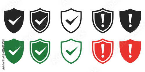 Safety Shield Symbols, shield icons with approval check and warning exclamation, security and protection concept, cyber safety and risk management illustration.