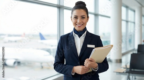 Woman in flight uniform holding documents in natural daylight