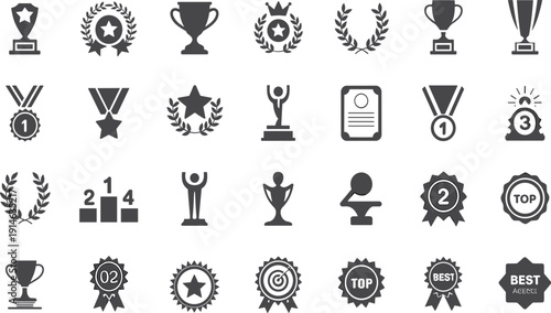 Award Trophy and Medal Icon Set Vector Illustration, Achievement Badges, Winner Labels and Laurel Wreath Symbols for Competition, Success and Recognition Design