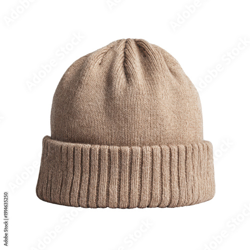 Tan knitted beanie hat with ribbed cuff isolated on black background brown, Isolated, Png Transparent Background