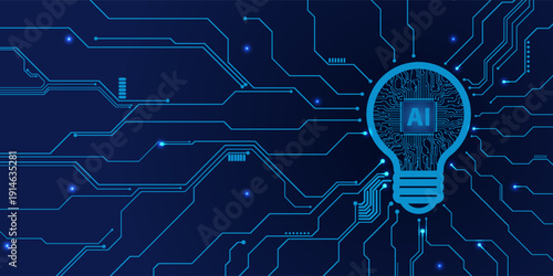 The light bulb circuit with AI chip on the circuit motherboard. Idea and innovation by AI. Artificial intelligence and Machine learning technology concept. Vector Illustration.