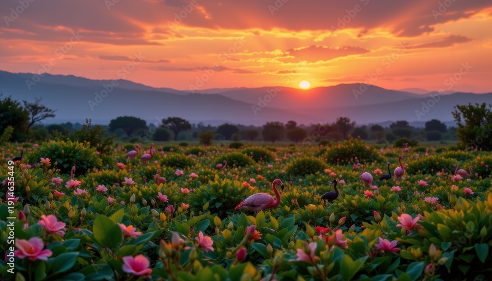 Obraz premium Flamingos in Flower Field at Sunset