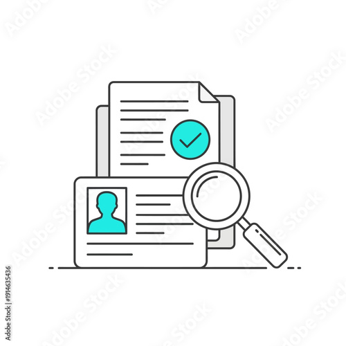 Document verification and identification process using a magnifying glass for detailed inspection and confirmation, representing successful audit and approval