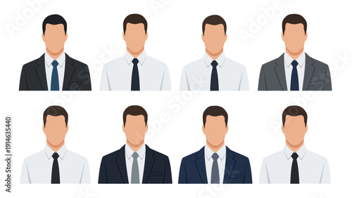A collection of diverse male business suits with different tie and shirt combinations presented on a plain background, showcasing formal wear options