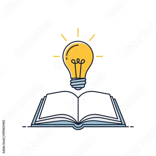 Illuminating ideas and knowledge, an open book with a glowing light bulb above, symbolizing creativity and learning