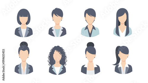 Set of diverse female avatars with various hairstyles and professional attire, suitable for profile pictures and digital representations