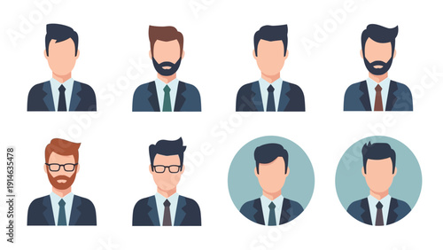 Diverse collection of professional male avatar icons in a modern flat design style, ideal for user profiles, business applications, and digital interfaces