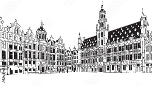 Historic European plaza featuring detailed buildings and a grand city square in monochrome illustration.