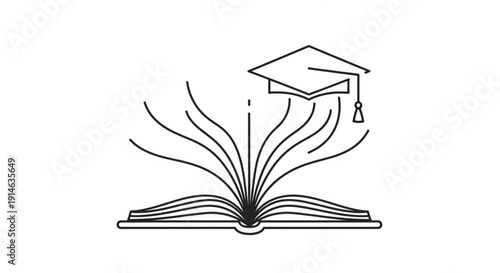Graduation cap emerges from open book with flying pages symbolizing knowledge and education