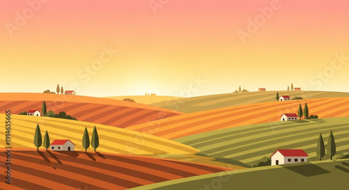 Serene countryside landscape with rolling hills colorful farmland and rustic houses at sunset