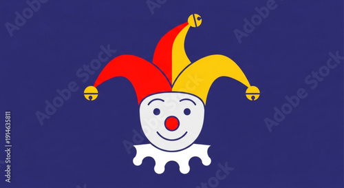 Jester head with colorful hat on blue background smiling and playful cartoon character