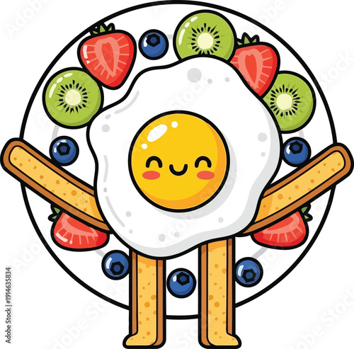Cute cartoon fried egg character with toast and fruit