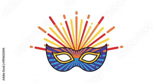 Vibrant colorful masquerade mask with radiant sunburst design on white background for party and celebration themes