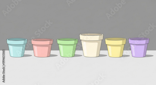 Colorful empty plastic cups in a row on a table against a gray background for beverage or party concepts