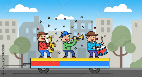 Three cartoon musicians playing instruments on colorful truck in city street with confetti