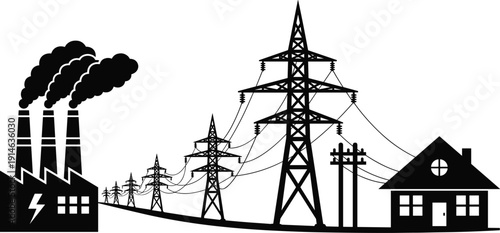 Power Plant and High Voltage Transmission Line Silhouette Vector Illustration, Electricity Distribution Network with Factory, Utility Poles and Residential House Energy Concept
