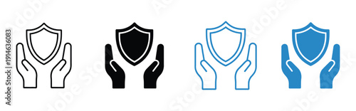 Hands Holding Shield Icon Set, representing protection, safety, secure support, reliable defense, trust assurance, modern protective symbolism for apps, websites, branding, and digital security vector