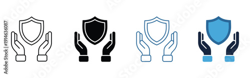 Hands Holding Shield Icon Set, representing protection, safety, secure support, reliable defense, trust assurance, modern protective symbolism for apps, websites, branding, and digital security vector
