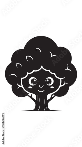 Whimsical cartoon tree with a smiling face and fluffy afro-like canopy in a simple nature illustration.