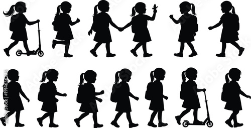 School Girl Silhouette Set Walking and Riding Scooter Vector Illustration, Child Student with Backpack Collection for Education, Childhood and Back to School Concept