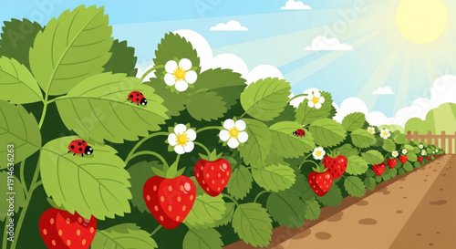 Strawberry plants with ripe red fruits and ladybugs on leaves in a sunny garden bed with white flowers