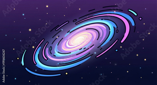 Vibrant purple and blue galaxy with swirling rings and stars in a deep night sky