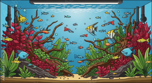 Colorful aquarium with various fish and plants in a well lit tank with sandy bottom