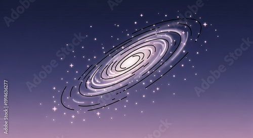 Spiral galaxy illustration with stars in space cosmic background with purple gradient