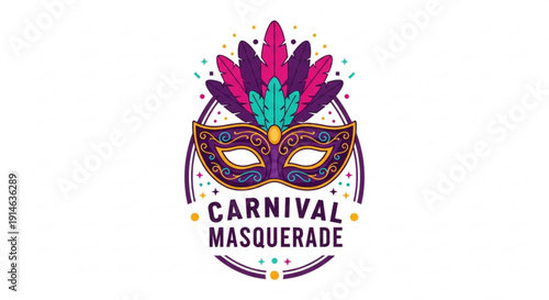 Vibrant carnival masquerade mask with feathers and text on white background for party and celebration