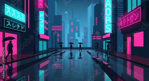 Neon lit city street at night with people walking under umbrellas in futuristic urban landscape with pink and blue signs