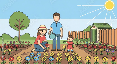 Family gardening together in a vibrant flower garden on a sunny day with a shed and fence