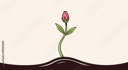 Pink flower bud emerging from dark soil with green leaves on a beige background symbolizing growth and new beginnings