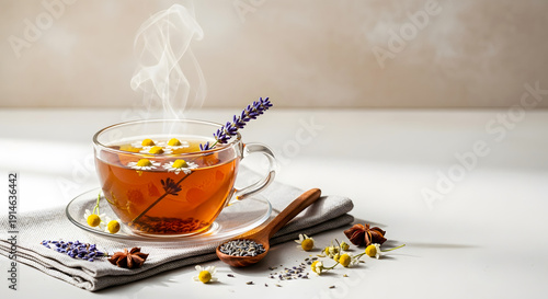 A cup of herbal tea with flowers and a spoon