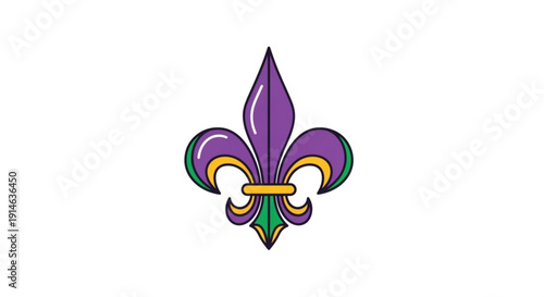 Vibrant purple green and gold fleur de lis symbol on white background representing french culture and heritage