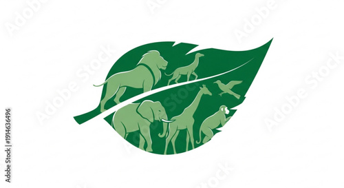 Green leaf with animal silhouettes eco friendly wildlife conservation symbol on white background