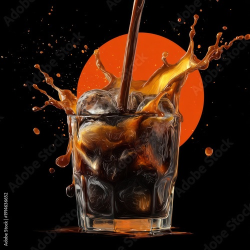 Wallpaper Mural Dark Cola Beverage with Ice Cubes and Splashing Liquid in Glass with Orange Sun Effect Torontodigital.ca