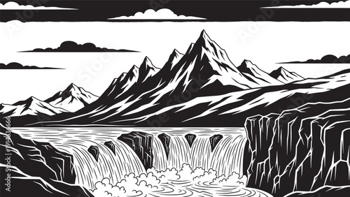Monochrome Mountain Landscape with Cascading Waterfalls and Snowy Peaks.
