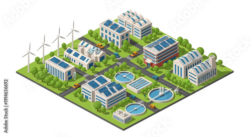 Isometric illustration of a sustainable industrial complex with solar panels and wind turbines on a green landscape