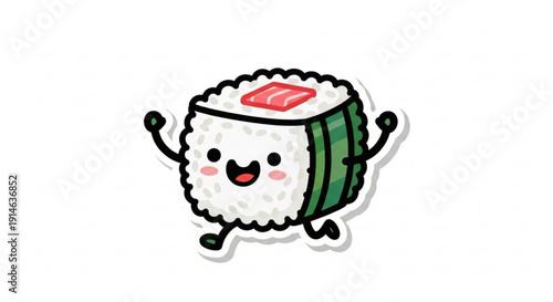 Cute sushi roll character with arms and legs running on white background