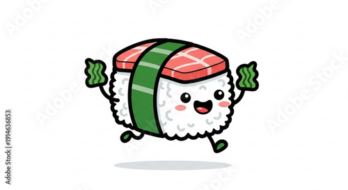 Happy sushi cartoon character running with green wasabi hands and smiling face on white background