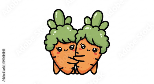 Two cute cartoon carrots with green tops hugging each other on white background