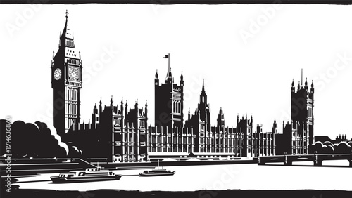 Silhouetted London skyline featuring Big Ben and Parliament buildings.