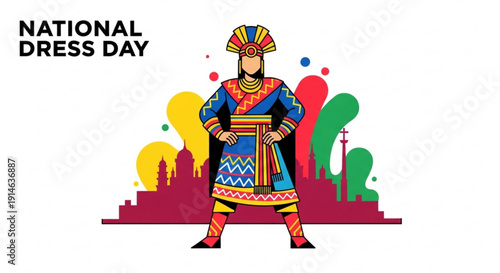 Vibrant traditional attire illustration for national dress day celebration with colorful outfit and cityscape background