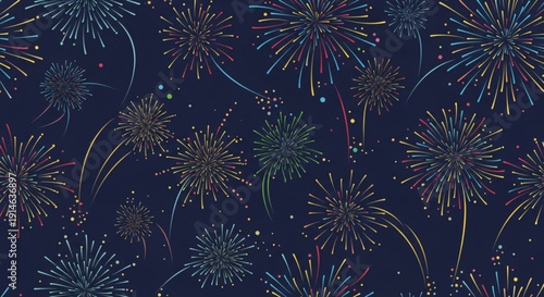 Vibrant fireworks exploding in night sky with colorful sparks and bursts of light on dark blue background for celebrations