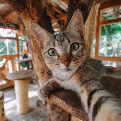 Wallpaper Mural Cute Striped Kitten with Green Eyes Looking at Camera in Wooden Cat Tree Torontodigital.ca