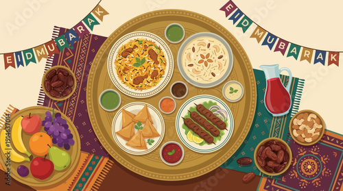 Festive Eid Mubarak Celebration Featuring a Traditional Food Spread, Delicious Meals, Sweets, Fruits, and Drinks for a Joyous Gathering