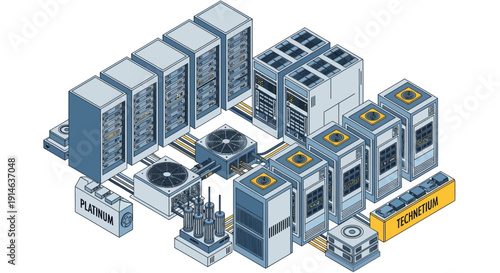 Isometric illustration of a data center with servers and computer equipment in a blue and yellow color scheme on a white background